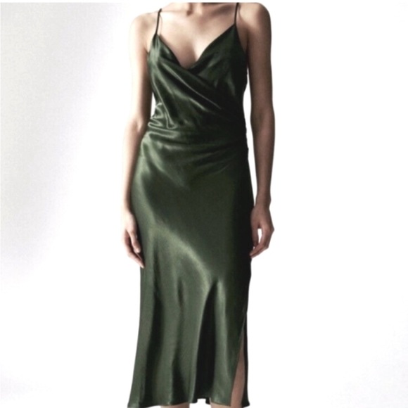green zara slip dress ZARA Green Satin Slip Midi Dress UK S main image 1
